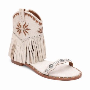 Beige Women Ash Paquito Embellished Fringe Sandals | 841389-788